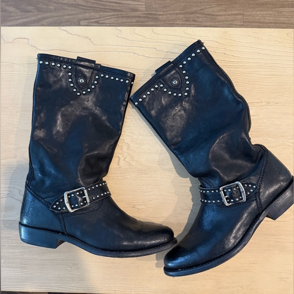 Frye Black Studded Leather Moto Boots